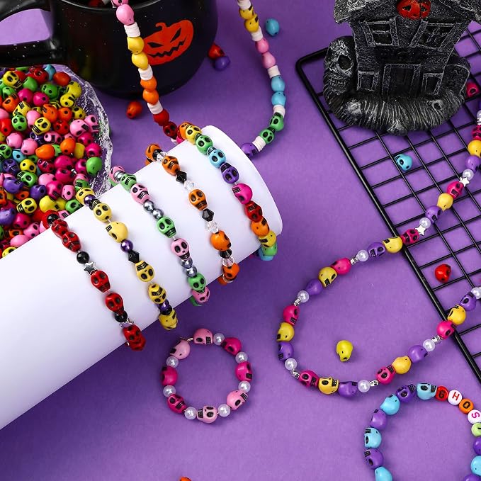 Augshy 700Pcs Halloween Skull Beads, Colorful Skeleton Skull Head Shape Beads - Image 5