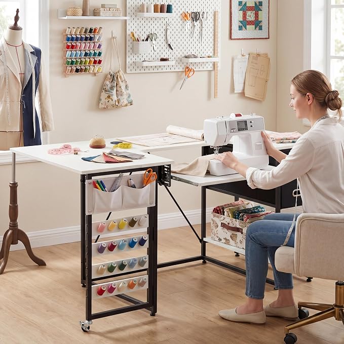 59" Folding Sewing Table with Adjustable Tabletop and Foldable Side Shelf | - Image 7