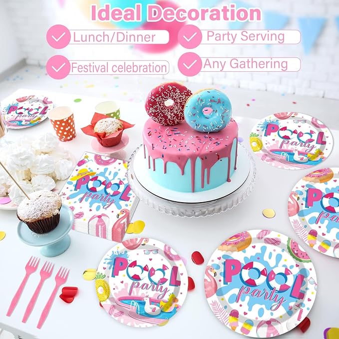 Qyeahkj 100 Pcs Summer Pool Party Plates and Napkins Set Pink Swimming Pool - Image 6