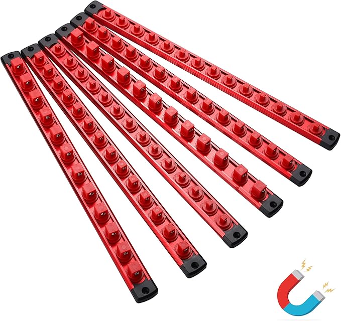 ALOANES Magnetic Socket Organizer Set, 6-Piece Heavy Duty Aluminum Socket Holder Socket Rail Organizer for Tool Box, 360° Swivel Clips Socket Rack 1/4, 3/8, 1/2-Inch x 80 Clips (RED)