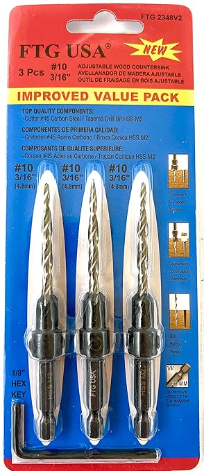 FTG USA Adjustable Wood Countersink Drill Bit Set 3 Pc #10 (3/16") with Tapered Drill Bits for Woodworking