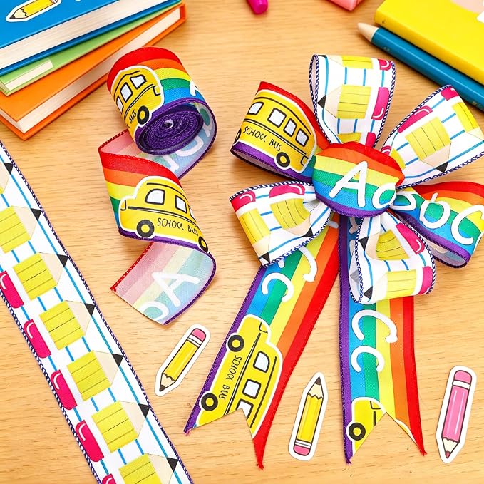 2 Rolls Back to School Wired Edge Ribbons, 12 Yards Apple Pencil Stripe - Image 4
