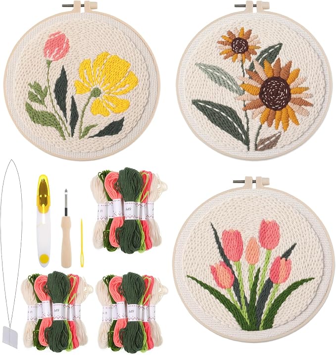 3 Pcs Punch Needle Kits, 7.87 Inch Flower Punch Needle Kit Sunflowers and by Unknown
