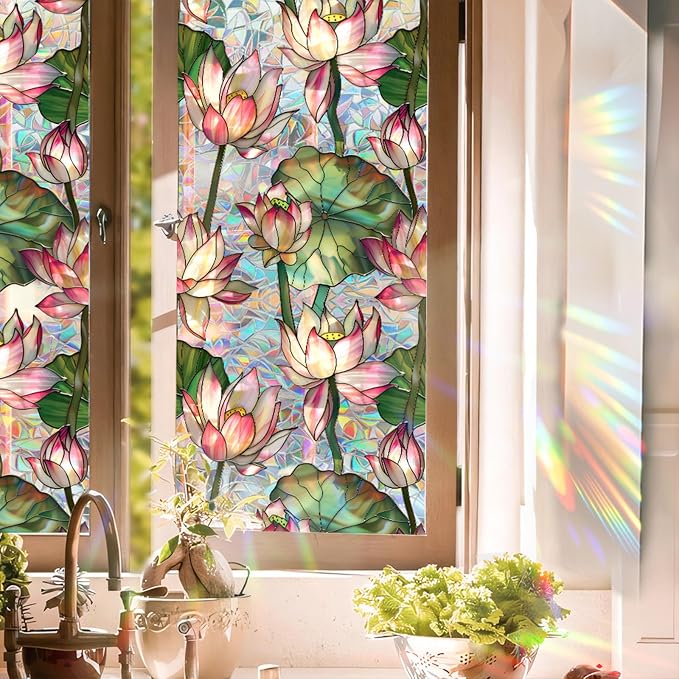 Stained Glass Window Film, Lotus Floral Privacy Film by Aomkmi