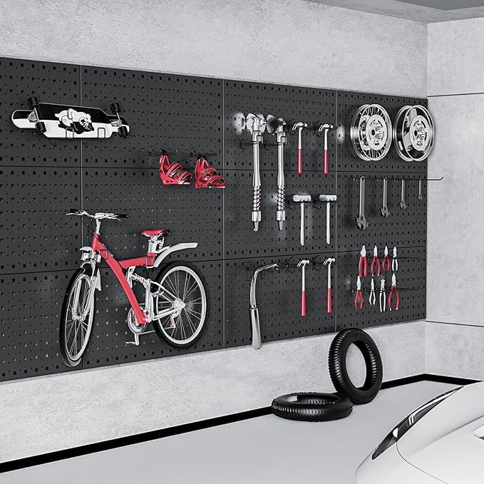 Peg Board, 2 Pack Metal Pegboard Panels Pegboards Wall Organizer with 12Pcs Hooks, Peg Board for Walls Garage Tool Storage Office Organization Kitchen Craft Room (Black, 2PCS with 12 Hooks)