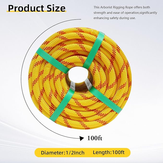 Arborist Rope, 1/2 Inch x 100 Feet Double Braided Climbing Rope Polyester for Outdoor, Climbing, Hiking, Swing, Tree Work, Halyard, Sailing etc(Yellow)