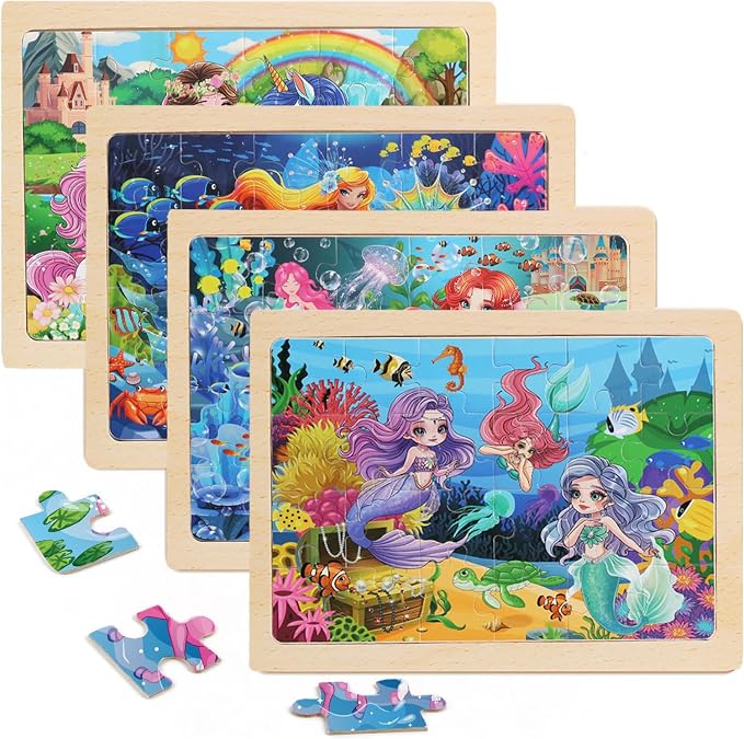 Wooden Puzzles for Kids Ages 4-6, 4 Packs 24 PCs Unicorn Mermaid Princess Fairy - Image 2
