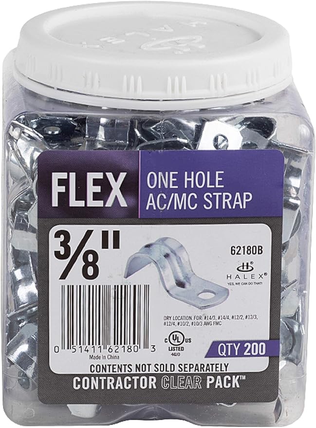 Halex – 3/8 Inch Flexible Metal Conduit (FMC) – 1 Hole Straps – 62180B – 200 Per Pack – Silver
