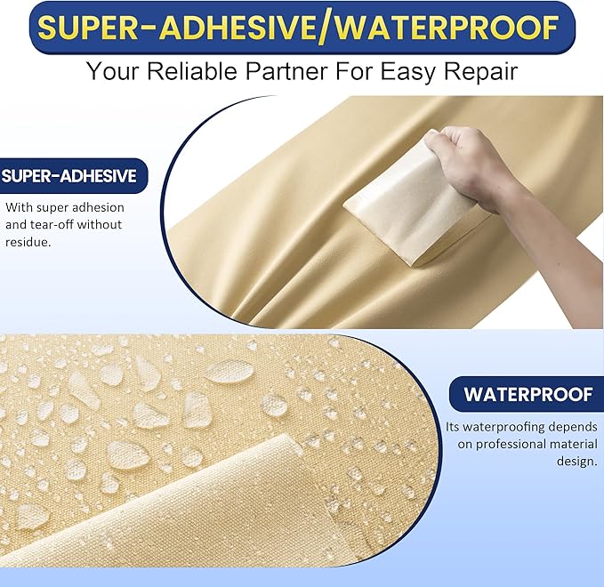 Self-Adhesive Canvas Repair Tape, 8.3" x 11" Waterproof Canvas Repair Patch, Fabric Patch Repairs Kit for Furniture, Tents, Sunbrellas, Boat Covers Awnings, Couches, Clothes, Bags Beige-Yellow
