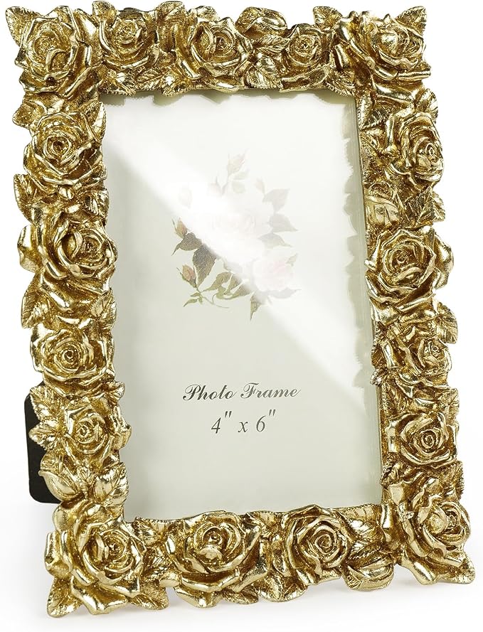 Cuspin 4x6 Picture Frame Vintage Gold Frames, Ornate Rose Flower Resin Photo by Cuspin