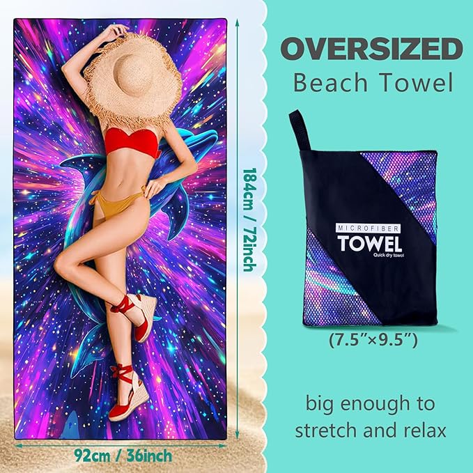 Fantasy Dolphin Beach Towel Oversized 36" x 72", Thin Lightweight Sand Free Quick Dry Microfiber Towel for Swimming Pool Cruise Camping Travel