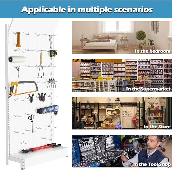 Metal Pegboard Panels - Peg Board Shelving with 30 Hooks,85x36x13 in,Portable Peg Board Organizer for DIY, Kitchen Decoration,Mobile Phone Shop/White