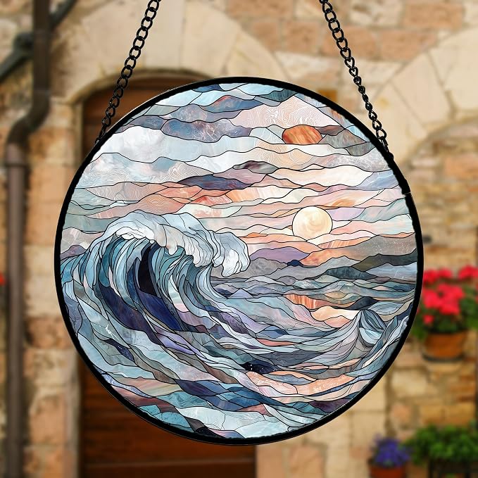 DASTOLL Stained Glass Window Hanging, Sunrise Waves Sun Catchers Diamond Glass - Image 5