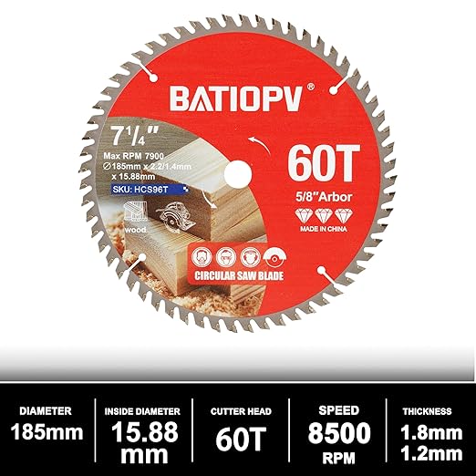 Circular Saw Blades 7-1/4 Inch, 60T for Wood Cutting – Ideal for Hardwood, Plywood, Chipboard – Precision Carbide-Tipped Saw Blades for Smooth Finish