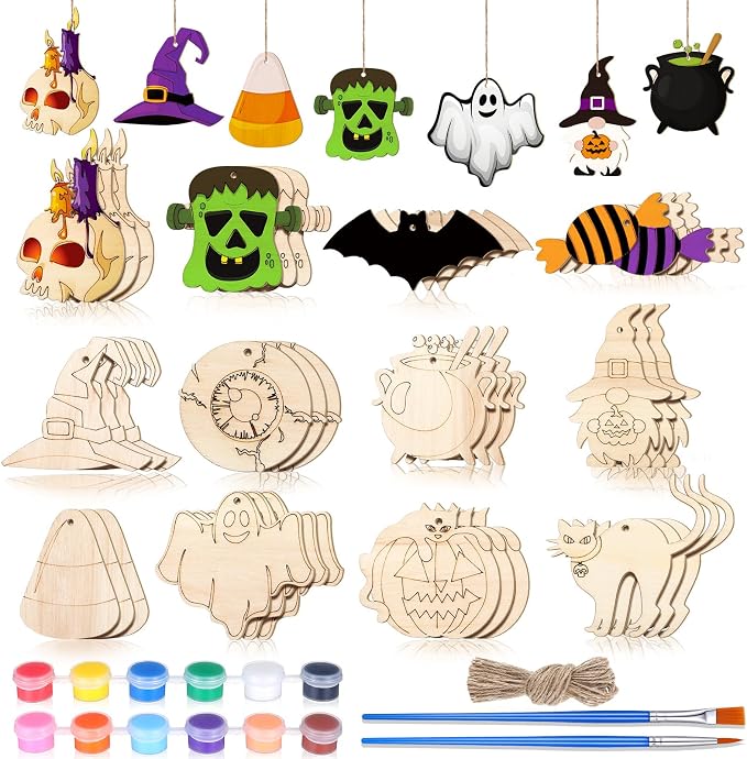 JellyArch 36 Pcs Halloween Wood Cutouts Crafts, Halloween Pumpkin Skull Bat by JellyArch