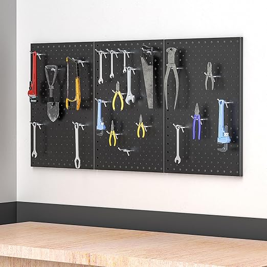 Metal Pegboard Panels 16×12 Inch, Wall-Mounted Tool Organizer Boards, Modular Pegboards for Garage, Workshop, Kitchen, Workbench, or Storage Room (3 PCS, Black)