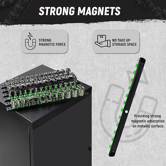 ALOANES Magnetic Socket Organizer Set, 6-Piece Heavy Duty Aluminum Socket Holder Socket Rail Organizer for Tool Box, 360° Swivel Clips Socket Rack 1/4, 3/8, 1/2-Inch x 80 Clips (Black)