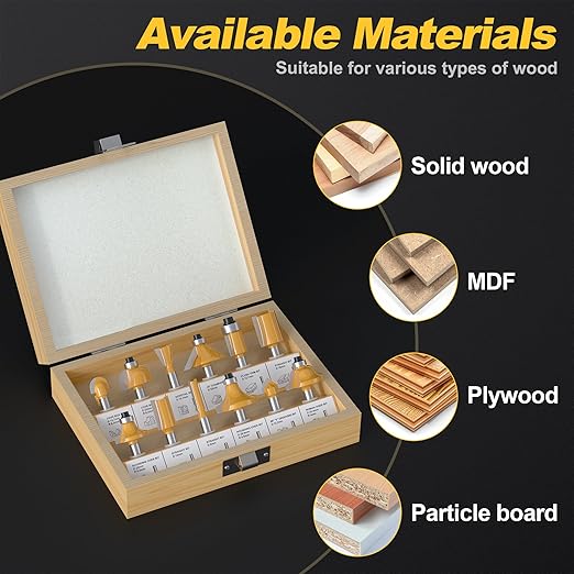 12 Pieces Tungsten Carbide Router Bit Set 1/4 Inch Shank for Beginners Woodwork Tools, Including Dovetail, Chamfer, Straight,Over Round, 90 V Grooving, Raised Panel Router Bit