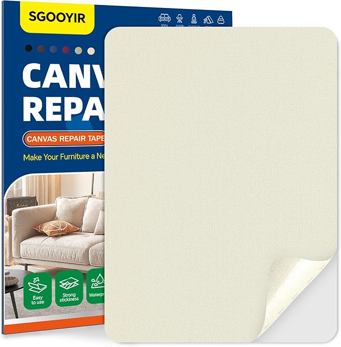 Self-Adhesive Canvas Repair Tape, 8.3" x 11" Waterproof Canvas Repair Patch, Fabric Patch Repairs Kit for Furniture, Tents, Sunbrellas, Boat Covers Awnings, Couches, Clothes, Bags Beige&White