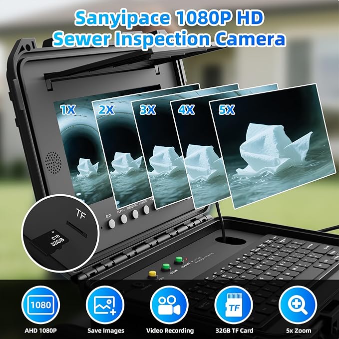 Sanyipace Sewer Camera 165FT/50M with 512Hz Transmitter, Self-Leveling, Distance Counter, Plumbing Inspection Cámara with Microphone Speaker Audio Video Record, 32GB TF Card, Pipe Pulley (7mm Cable)