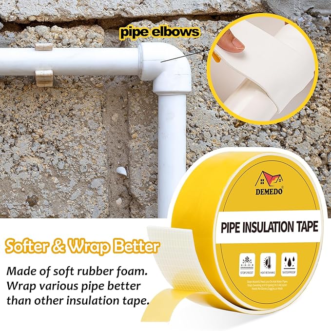 DEMEDO Pipe Insulation Tape, Pipe Wrap Insulation Foam Tape Self Adhesive, Outdoor Water Pipe Insulation Roll for HVAC, AC Line Insulation, 3 inch x 16.5 FT Heat Tape for Water Pipe, White
