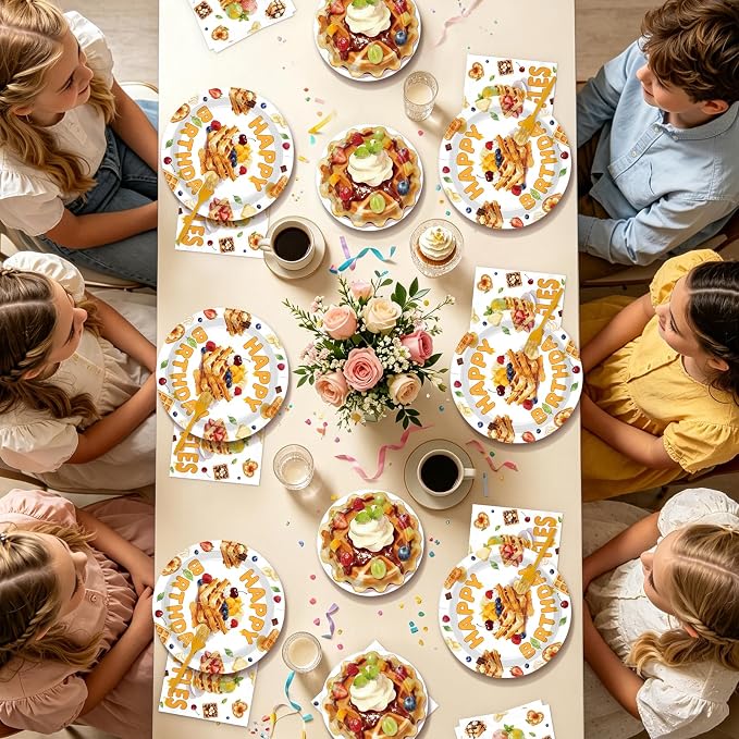 96Pcs Waffle Birthday Party Decoration Breakfast Brunch Bread Food Plates and - Image 8