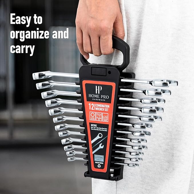 12-Piece Wrench Set, Metric and Standard Combination Wrench Set,Mirror Polished Finish CR-V Professional Spanner,Wrench Tool Set with Organizer Rack and Rolling Pouch