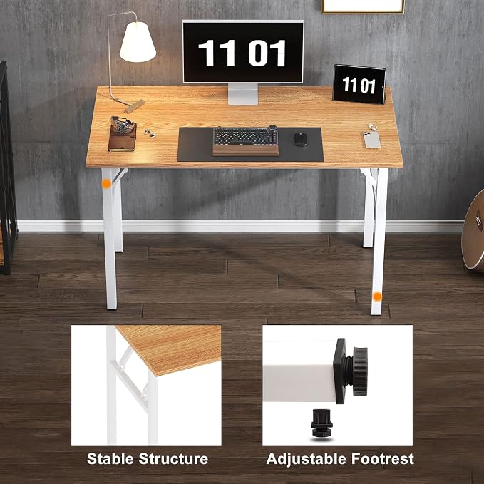 Need Small Folding Computer Desk, 39.4 Inch Writing Table, Teak & White | - Image 8