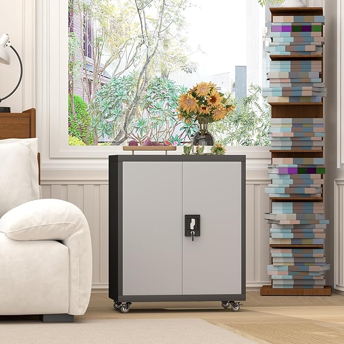GREATMEET Metal Storage Cabinet with Locking Doors,Steel Storage Cabinet with Wheels Suit for Home Office with 1 Adjustable Shelf for Files, Black&Grey