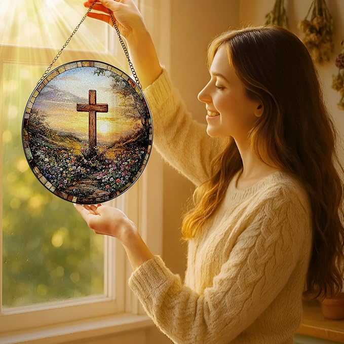 8 Inches Cross Sunset Stained Glass Suncatcher, Christmas Ornament, Window - Image 2