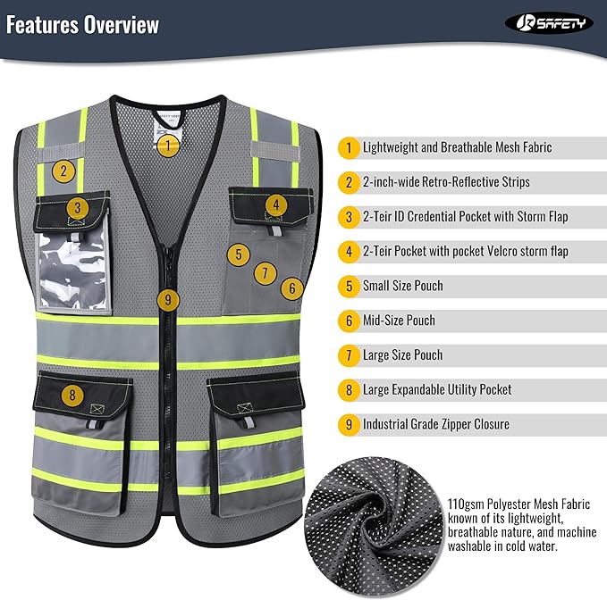 JKSafety Hi Vis Reflective Safety Vests for Men Women High Visibility Vest with Pockets Mesh Fabric Construction Safety Apparel Neon Vest for Work (220-Grey L)