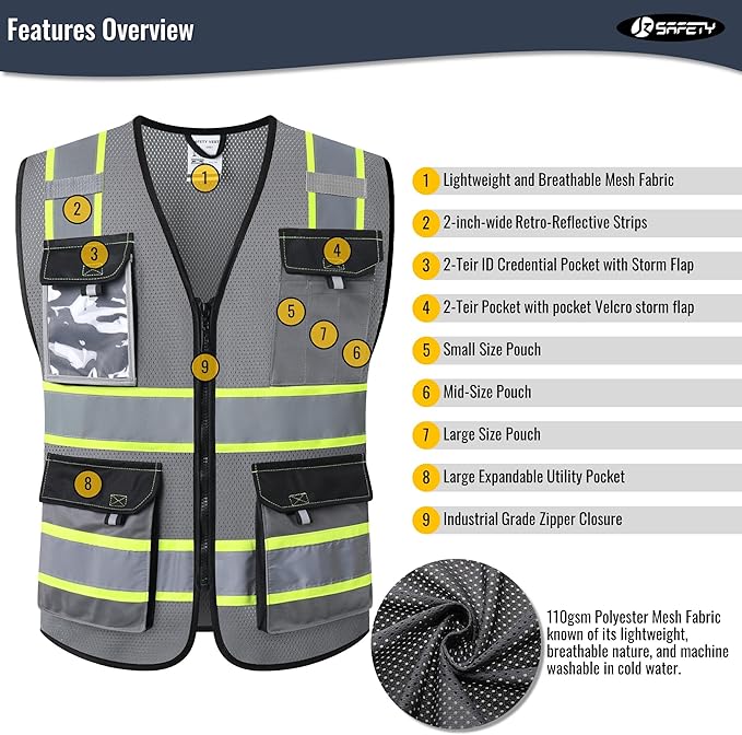 JKSafety Hi Vis Reflective Safety Vests for Men Women High Visibility Vest with Pockets Mesh Fabric Construction Safety Apparel Neon Vest for Work (220-Grey XXL)