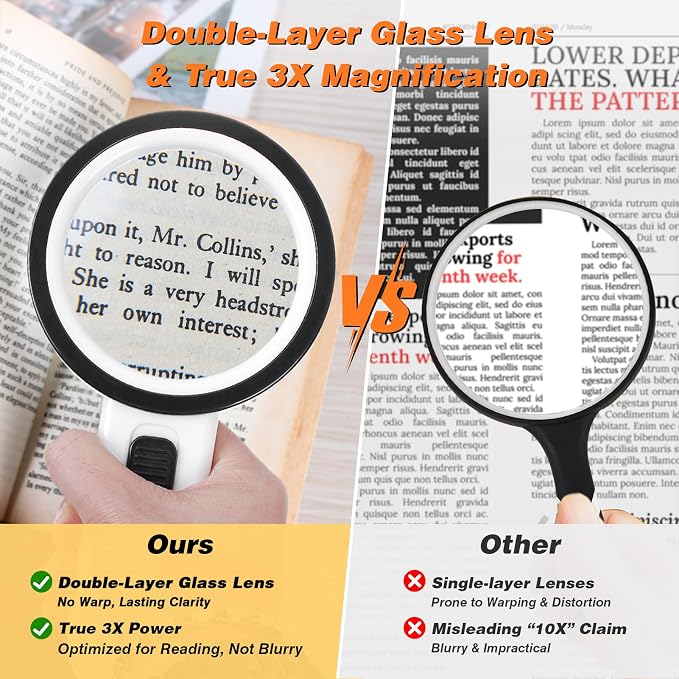 AIXPI Magnifying Glass with Light, Double-Layer Glass Lens Handheld Large - Image 3