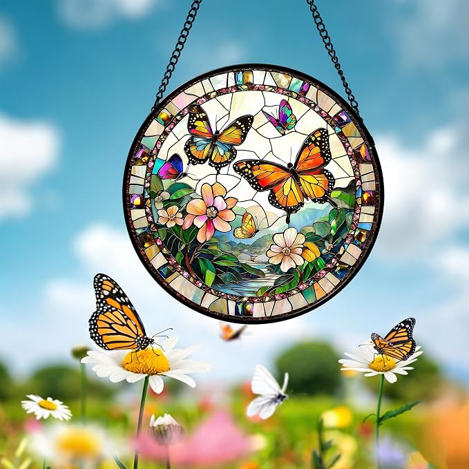 DASTOLL Stained Glass Window Hanging, Butterflies Flying in The Sky Suncatcher - Image 6
