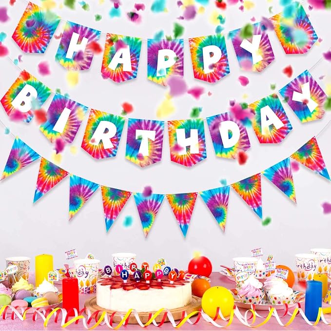 2 Pieces Tie Dye Birthday Party Banner Decorations Hippie Happy Birthday - Image 5
