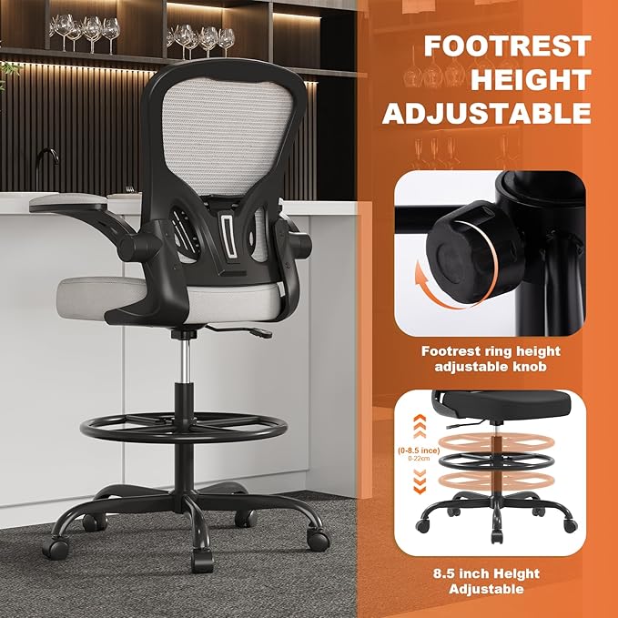 Synorla Ergonomic Drafting Chair, Tall Office Chair with Flip-up Armrests, Breathable Mesh High Desk Chair with Lumbar Support Adjustable Footrest Ring for Standing Desk, Home Office Studio