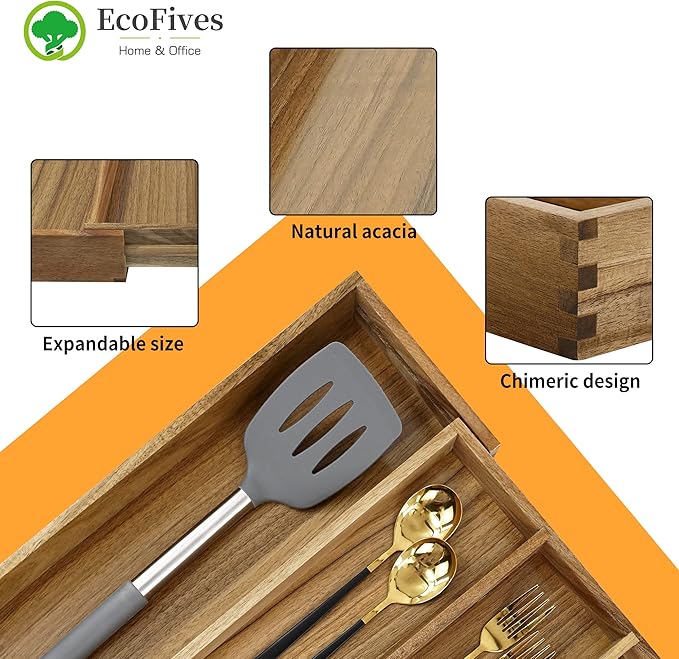 Luxury Acacia Silverware Organizer -Kitchen Drawer Organizer - Utensil Holder and Cutlery Organizer with Grooved Drawer Dividers for Flatware and Kitchen Utensils (5 Slot)