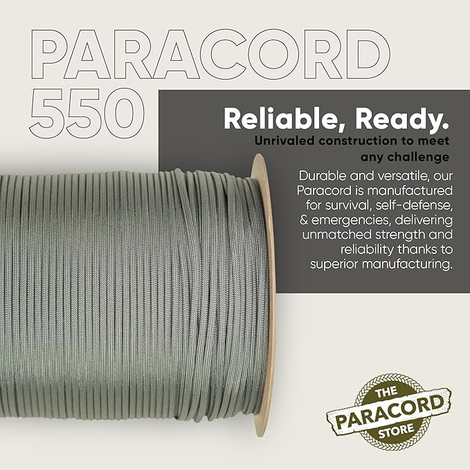 The Paracord Store | Type III 550 Paracord - 1000 FT Spool, Charcoal Grey | Heavy Duty 7 Strand Tactical Paracord - USA Made Nylon Outdoor Parachute Cord for Camping, Fishing & More - Survival Cord