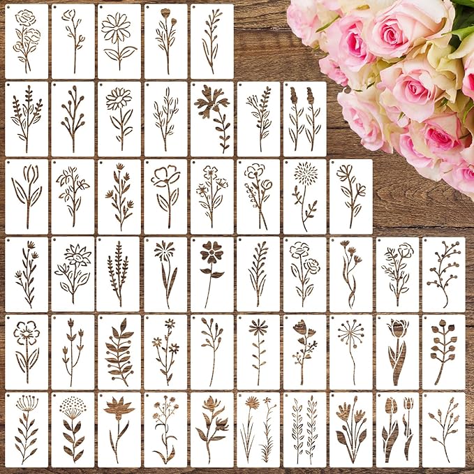 50 PCS Flower Stencils for Crafts Reusable Flower Stencils for Painting on Wood by CHHAICHENG