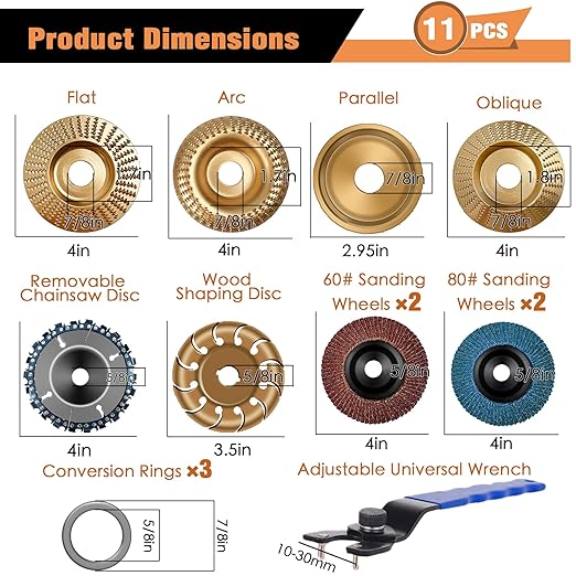 11PCS Wood Carving Disc Set for 4" or 4 1/2" Angle Grinder, Stump Tool Grinding Wheel Disc with 5/8" Adapter Ring, Woodworking Grinder Attachment for Cutting Shaping Carving Sanding Polishing