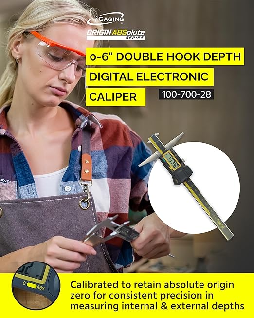 iGAGING Absolute Origin 0-6" Double Cut Depth Digital Caliper, IP54 Electronic, SPC/USB Output Port, Inch, Metric, Fraction Modes, Case, Manual, & Battery