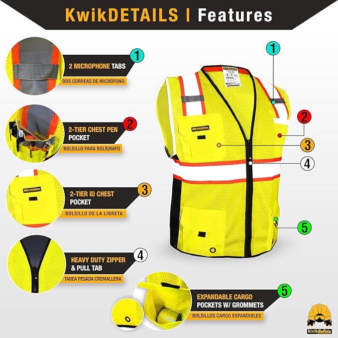 KwikSafety - Charlotte, NC - BIG KAHUNA Safety Vest [11 Pockets] Class 2 ANSI OSHA Reflective Vest Durable High Visibility Vest Construction Safety Vest for Men Industrial Work Gear/Yellow Small