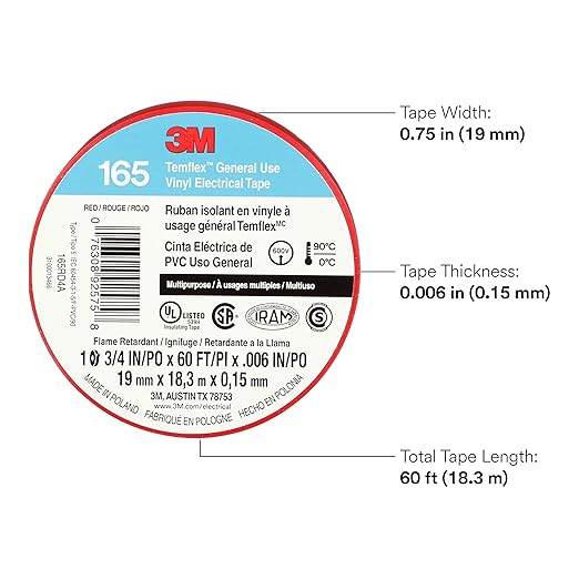 3M Temflex Multi-Purpose Vinyl Electrical Tape 165, Red, 3/4 in x 60 ft (19 mm x 18 m), 10 Roll Pack