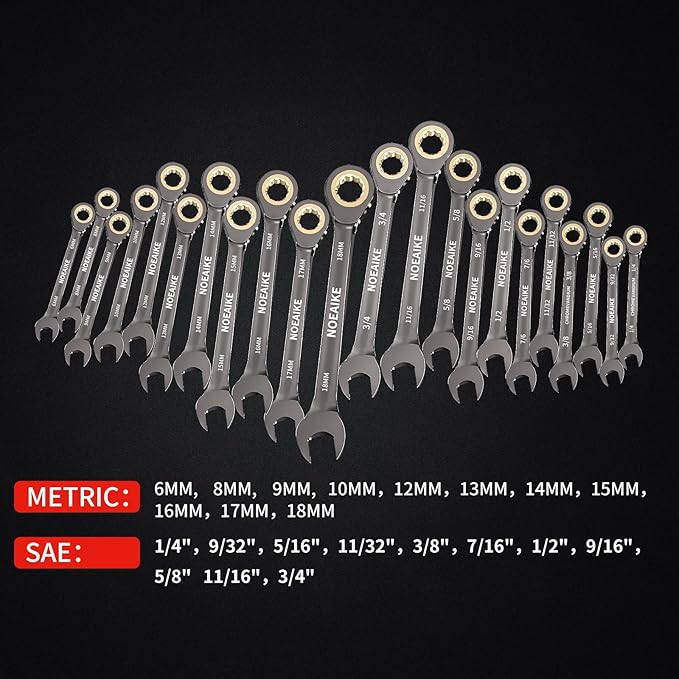 22-PCS Ratchet Wrenches Set,Anti-slip Teeth,Ratcheting Combination Wrench Sets Metric 6-18mm & SAE 1/4"-3/4" with Organizer Box,Black Nickel Electroplating