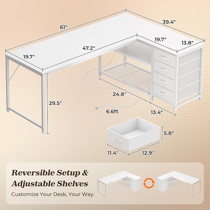 PRAISUN 61" L Shaped Desk with Power Outlets & USB-C Port, Reversible Computer - Image 3