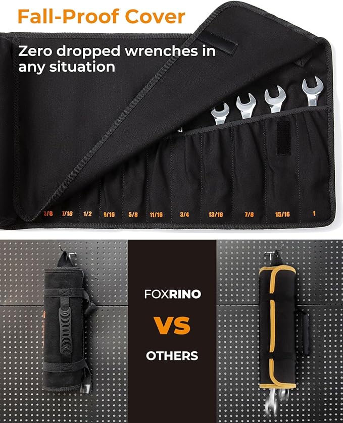 Wrench Roll, Wrench Roll Up Pouch, Gifts for Men Father Dad Mechanic, Heavy Duty Canvas Wrench Organizer Bag (Black, 13+1 SAE)