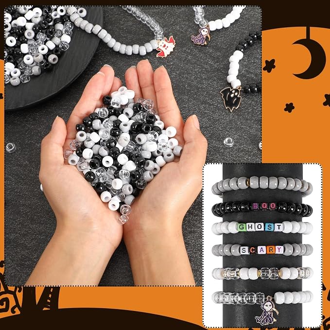 UPINS 1200Pcs Black and White Pony Beads, Halloween Pony Beads Bulk Hair Crafts - Image 3
