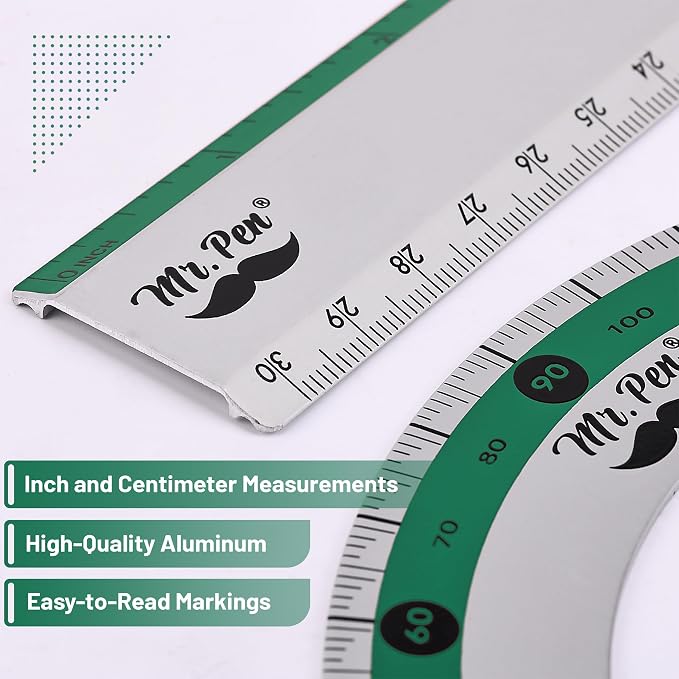 Mr. Pen- Metal Geometry Kit, 4 Pack, 45° & 30°/60° Set Squares | 6" Protractor - Image 3