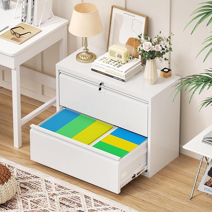 Superday Lateral File Cabinet 2 Drawer Metal File Cabinet with Lock, White Filing Cabinets for Home Office, Locking Filing Cabinets Hanging Files Letter/Legal/F4/A4
