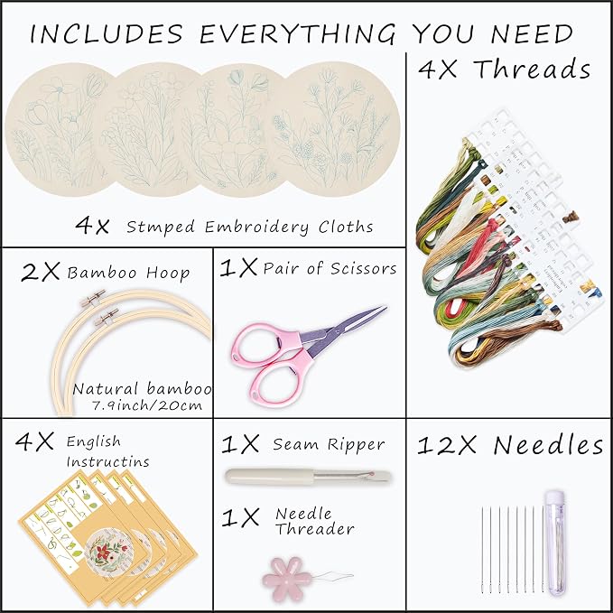 Bonroy 4 Sets Embroidery Set for Beginners, Art Craft, Easy Sewing, Includes - Image 2